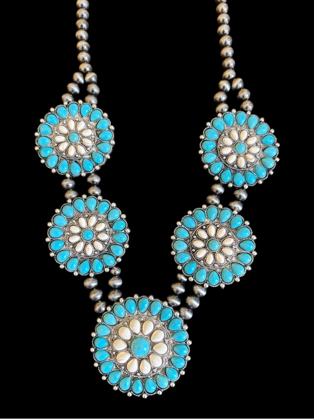 New Faux Turquoise Howlite Floral Concho Squash Blossom Statement Necklace
